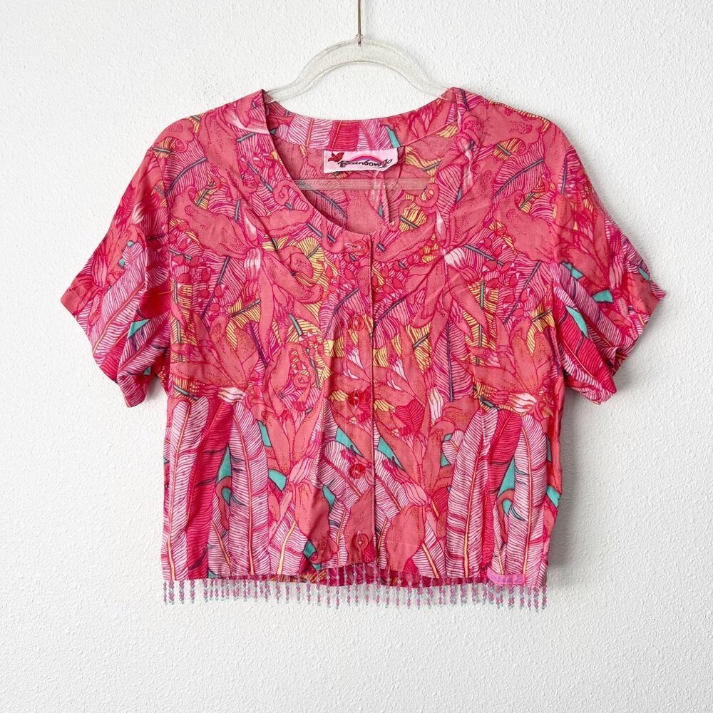 Rainbow Jo Hawaii Womens Medium Pink Banana Leaf Tropical Bead Tassel Crop Top